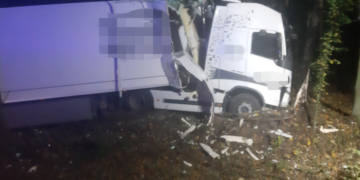 Groźny wypadek na DK12! Samochód ciężarowy wpadł do rowu