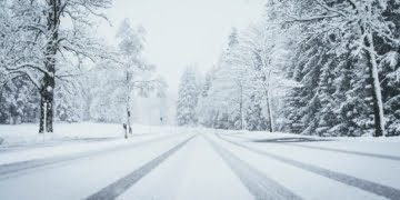  14 Czerwca 2020 Wide Shot of a Road Fully Covered by Snow with Pine Trees on Both Sides and Car Traces