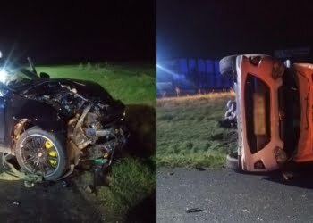 To wyglądało groźnie. Samochód po zderzeniu przewrócił się na bok, drugie auto jest całkowicie skasowane