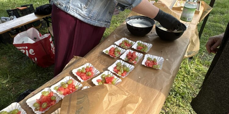 Person in a Denim Jacket Arranges Fruit Skewers of Watermelon and Green Grapes on Paper Liners at an Outdoor Picnic Table in a Park Park Setting 11 Maja 2026 