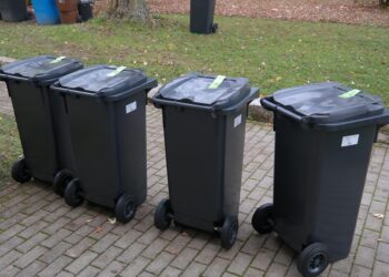 Four Black Wheeled Trash Bins with Closed Lids Lined Up on a Brick Path Beside a Grassy Area with Fallen Leaves in Autumn 8 Lipca 2021