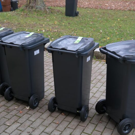 Four Black Wheeled Trash Bins with Closed Lids Lined Up on a Brick Path Beside a Grassy Area with Fallen Leaves in Autumn 9 Września 2025