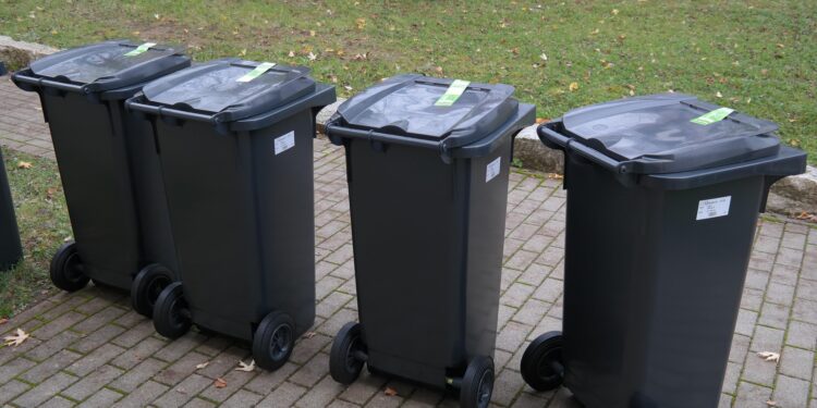 Four Black Wheeled Trash Bins with Closed Lids Lined Up on a Brick Path Beside a Grassy Area with Fallen Leaves in Autumn 14 Maja 2026